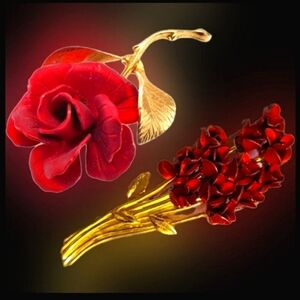 Vtg 50s Cerrito beautiful red rose bouquet roses red gold enamel brooch bundle